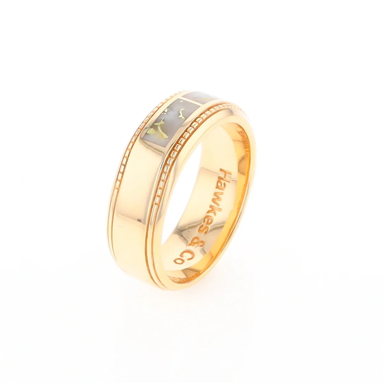 Gold Quartz Ring 3 Section Rectangle Inlaid Milgrain Border Band G1