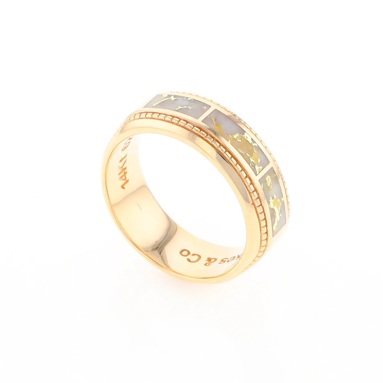Gold Quartz Ring 3 Section Rectangle Inlaid Milgrain Border Band G1