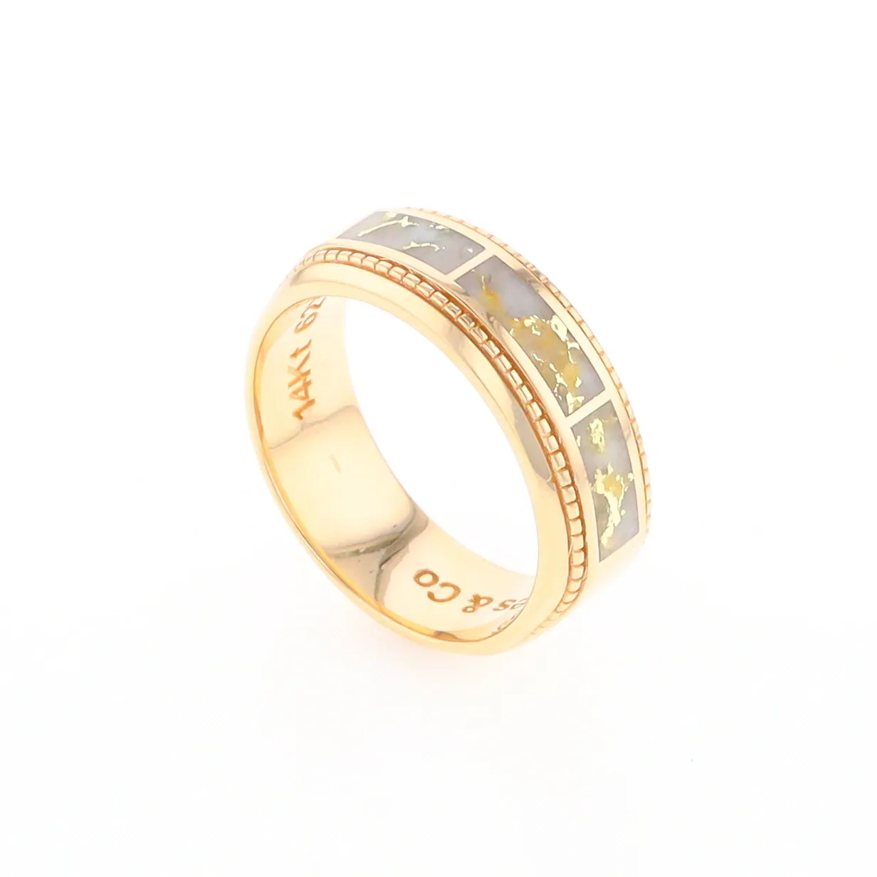 Gold Quartz Ring 3 Section Rectangle Inlaid Milgrain Border Band G1