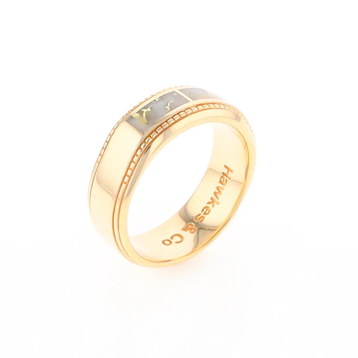 Gold Quartz Ring 3 Section Rectangle Inlaid Milgrain Border Band G1