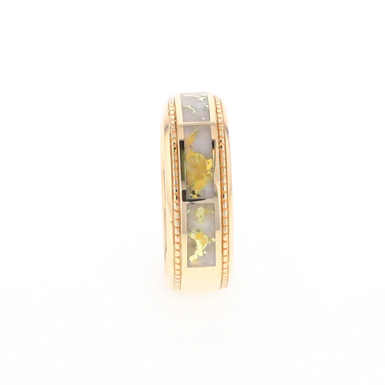 Gold Quartz Ring 3 Section Rectangle Inlaid Milgrain Border Band G1