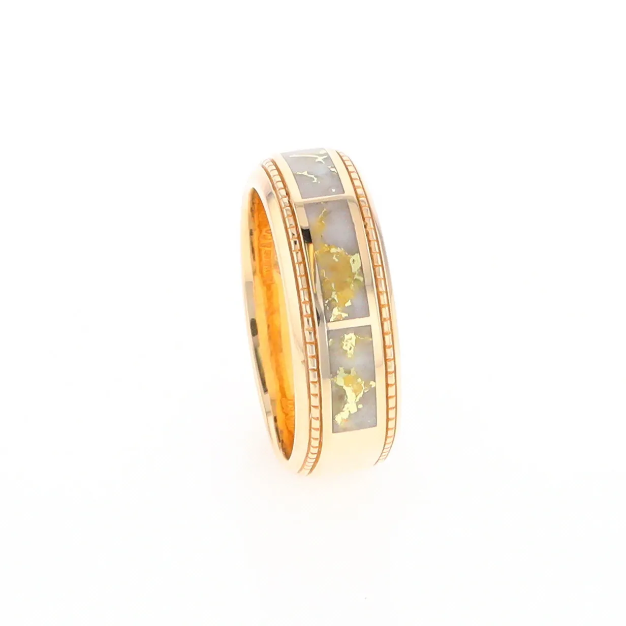 Gold Quartz Ring 3 Section Rectangle Inlaid Milgrain Border Band G1