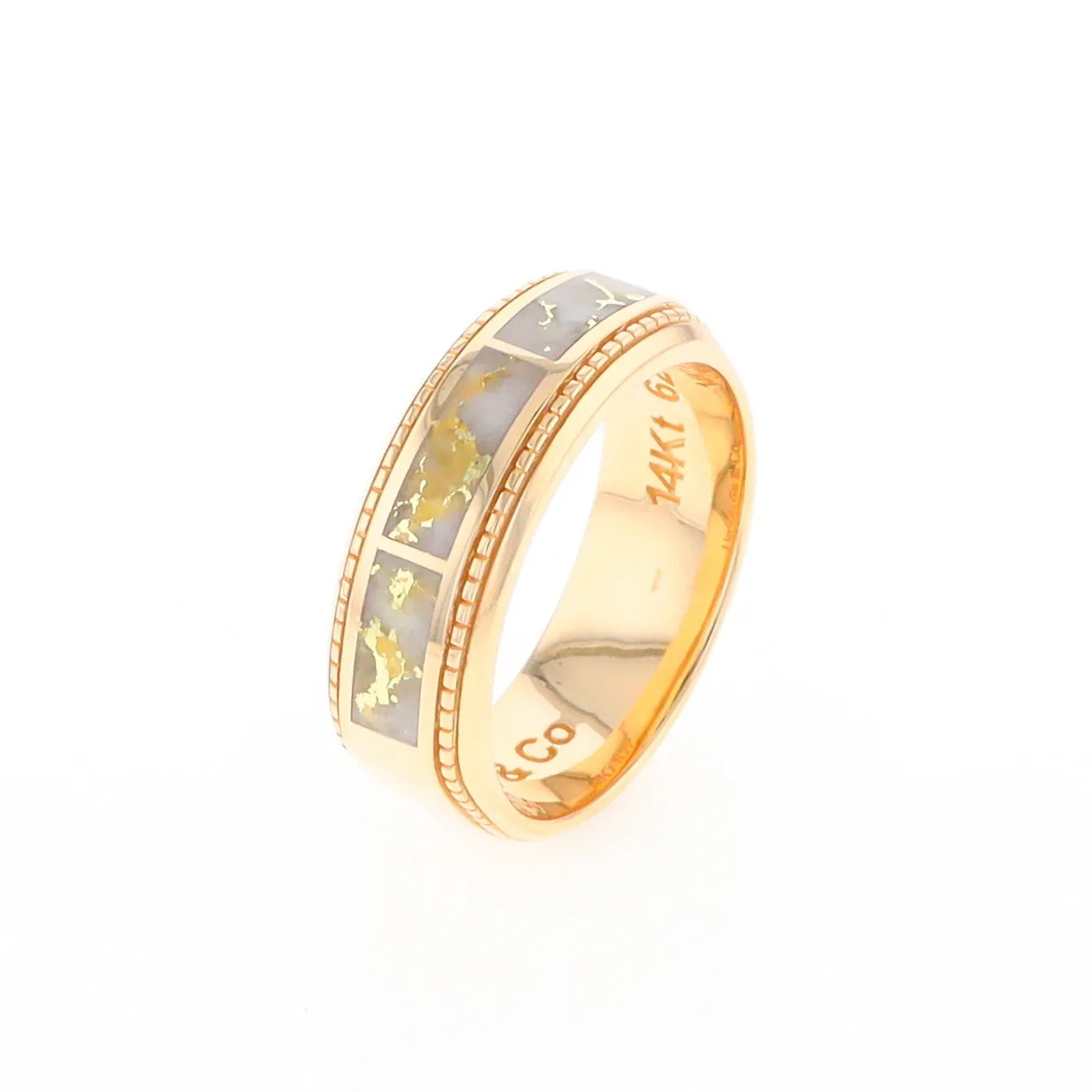 Gold Quartz Ring 3 Section Rectangle Inlaid Milgrain Border Band G1