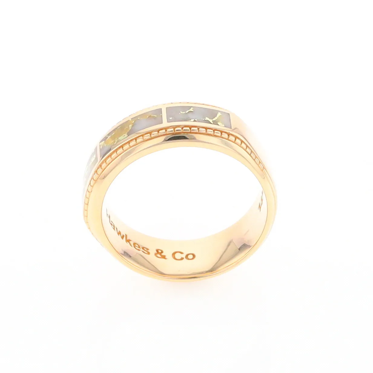 Gold Quartz Ring 3 Section Rectangle Inlaid Milgrain Border Band G1