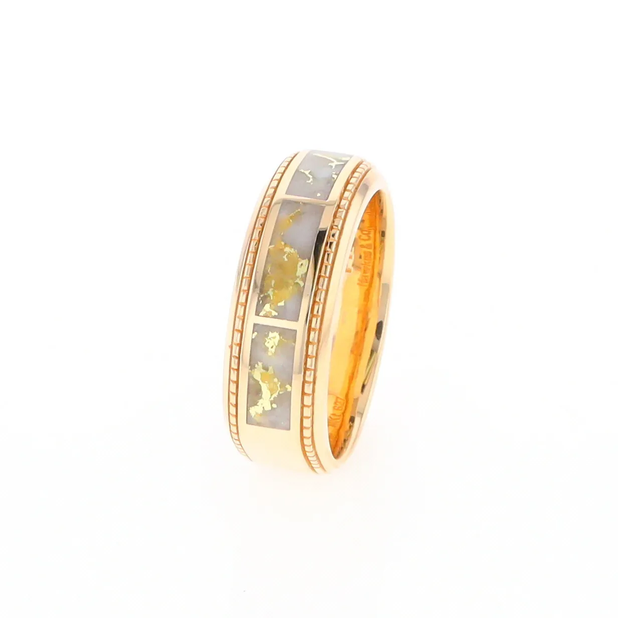 Gold Quartz Ring 3 Section Rectangle Inlaid Milgrain Border Band G1