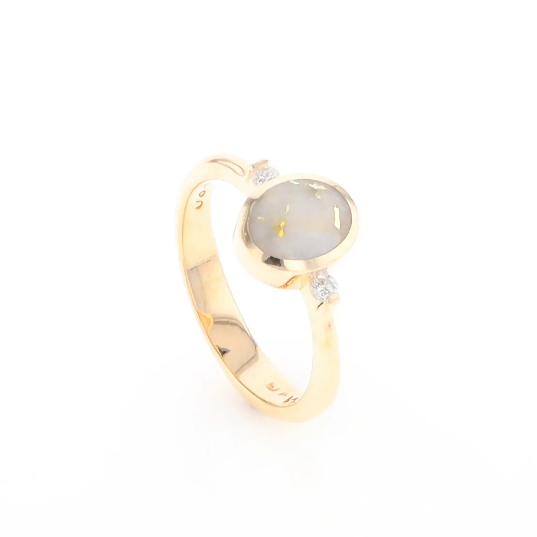 Gold Quartz Ring Oval Inlaid Design Center with .06ctw Round Diamonds