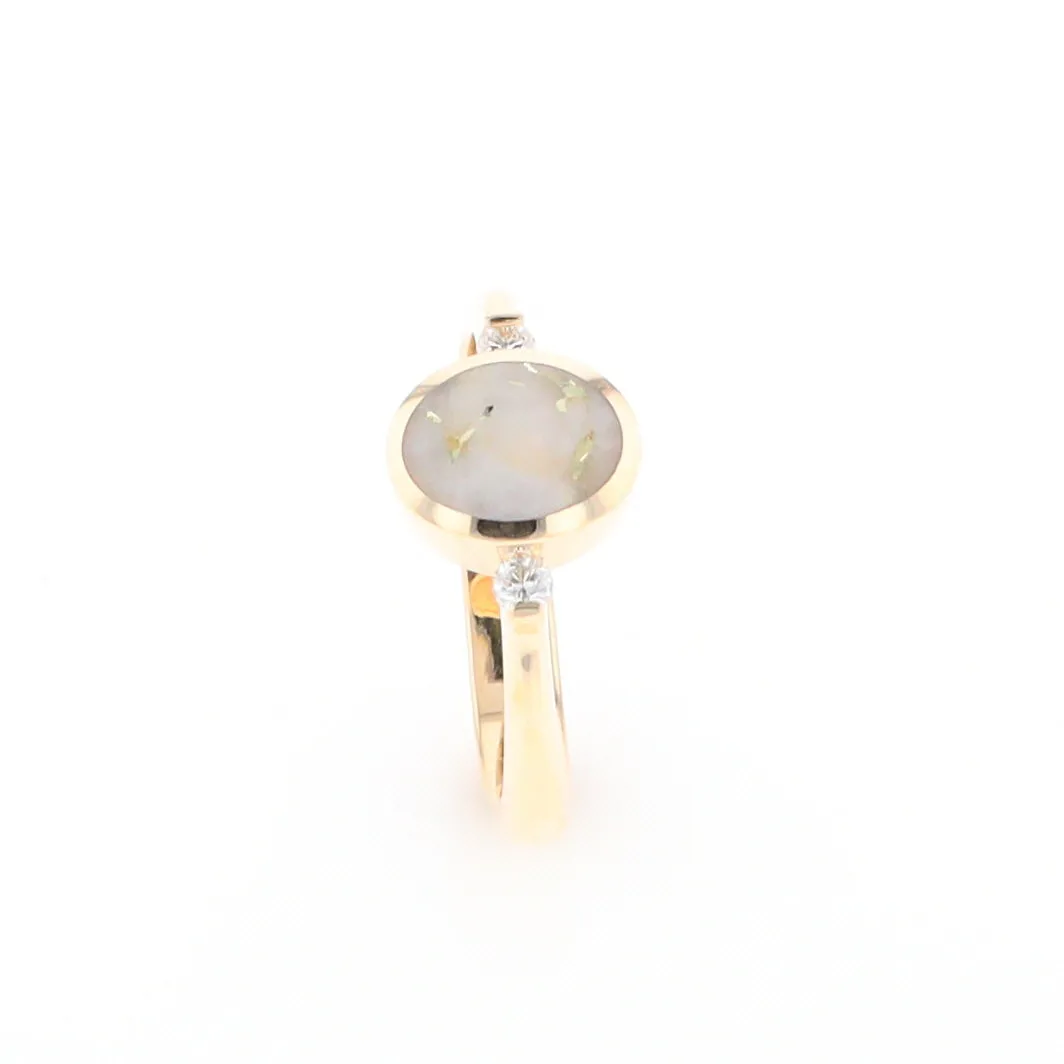 Gold Quartz Ring Oval Inlaid Design Center with .06ctw Round Diamonds