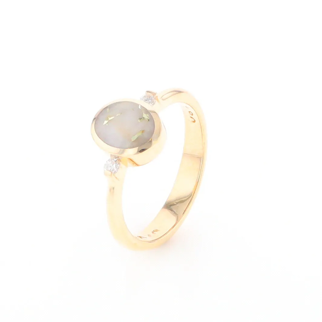 Gold Quartz Ring Oval Inlaid Design Center with .06ctw Round Diamonds