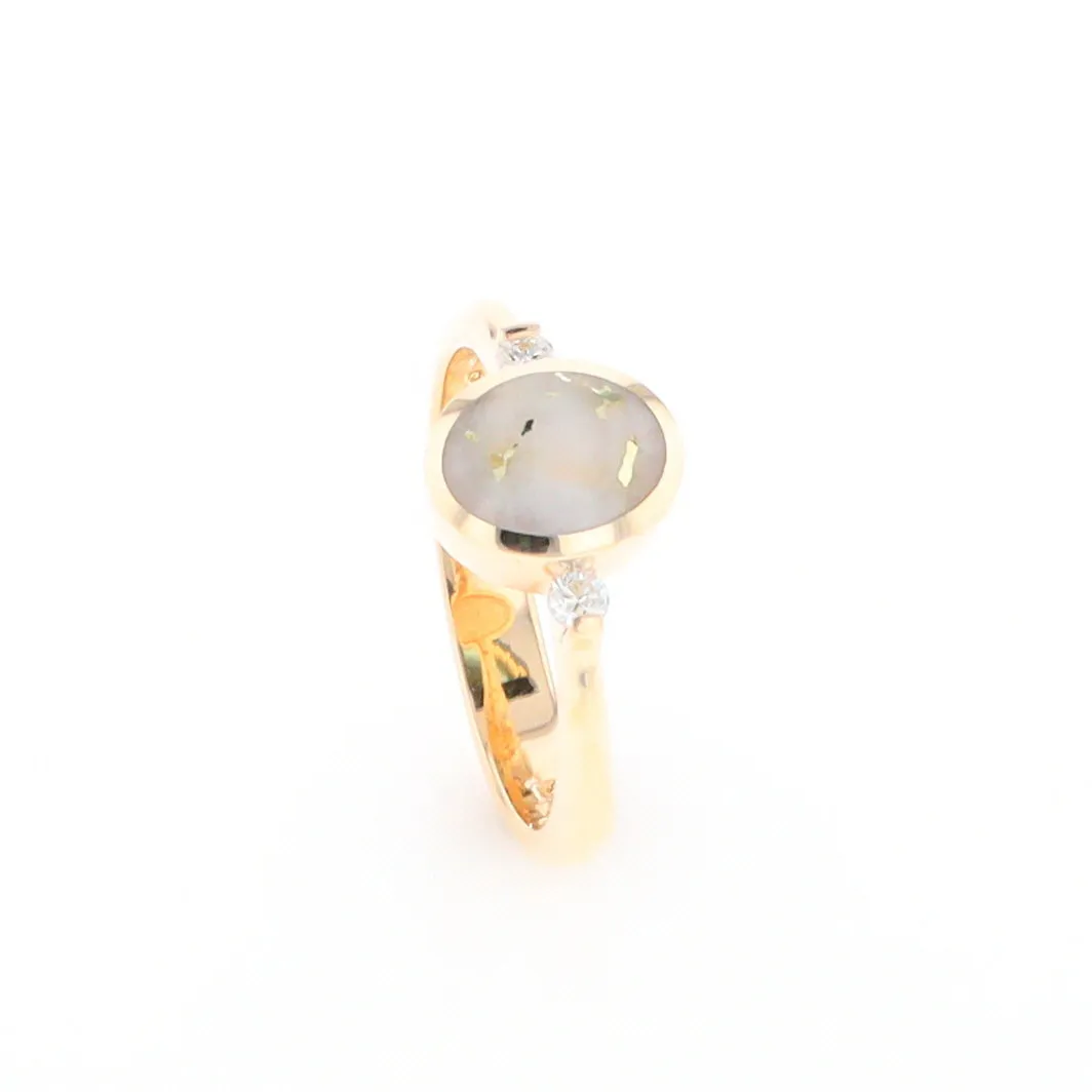 Gold Quartz Ring Oval Inlaid Design Center with .06ctw Round Diamonds