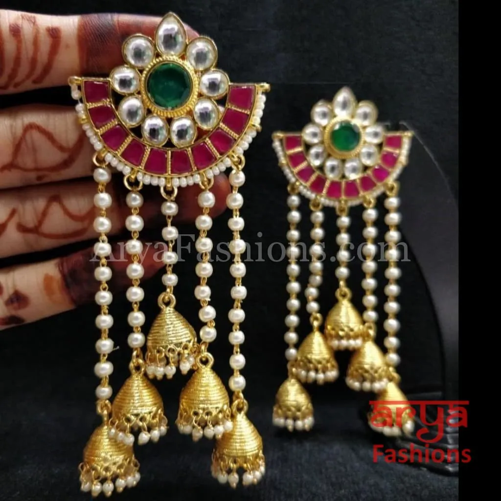 Golden Kundan Ruby Jadau Rajasthani Jhumka Earrings