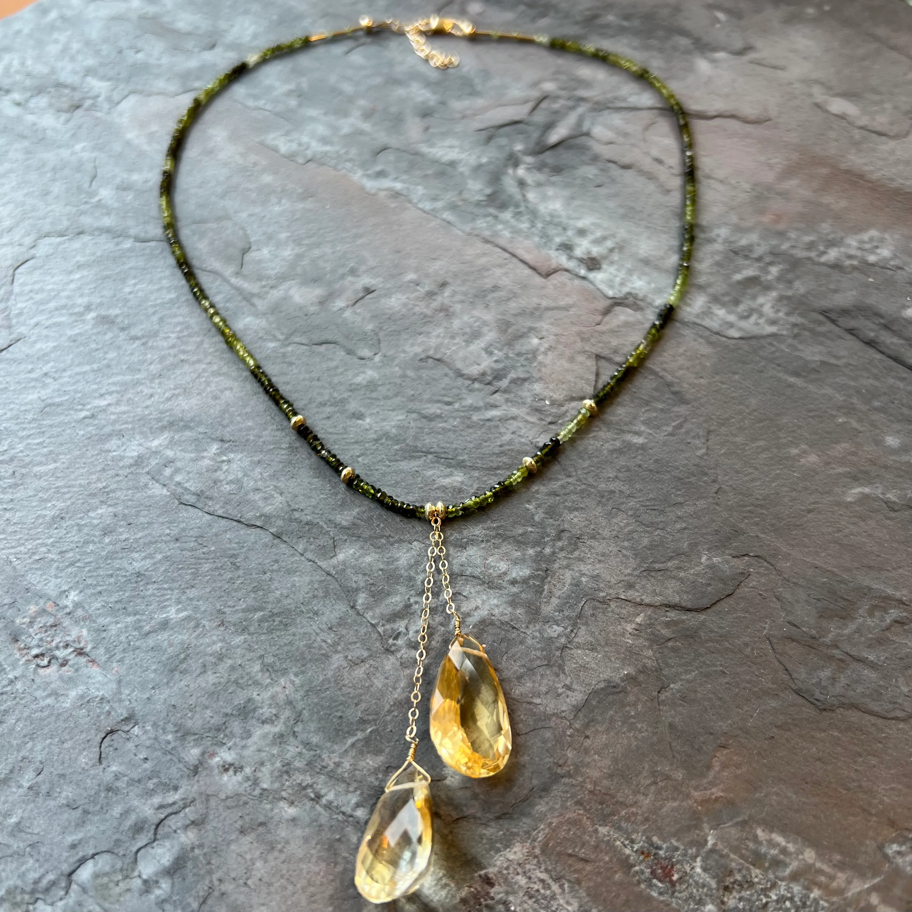 Green Tourmaline Citrine 14K Gold Necklace