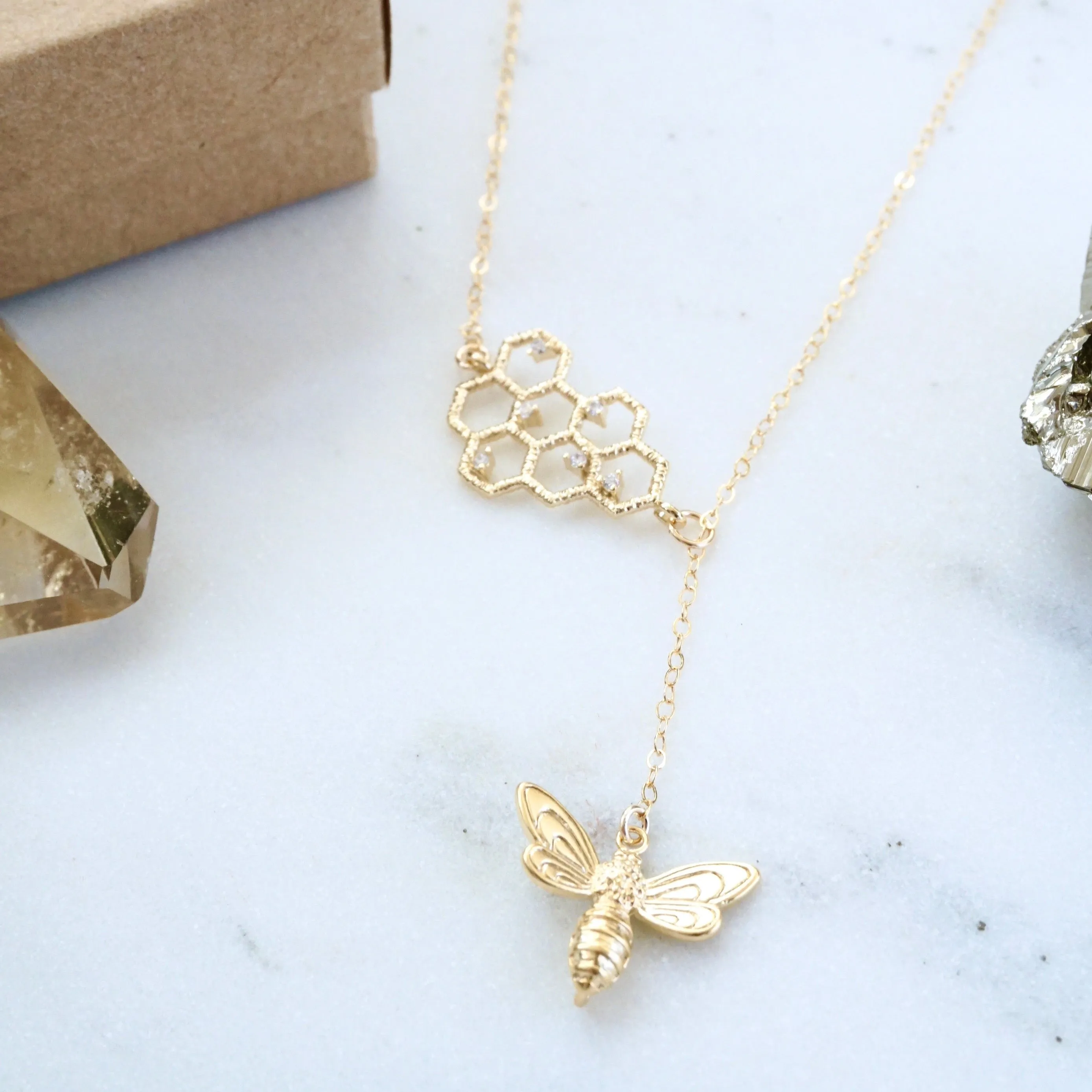 Honeycomb Bee Lariat Necklace