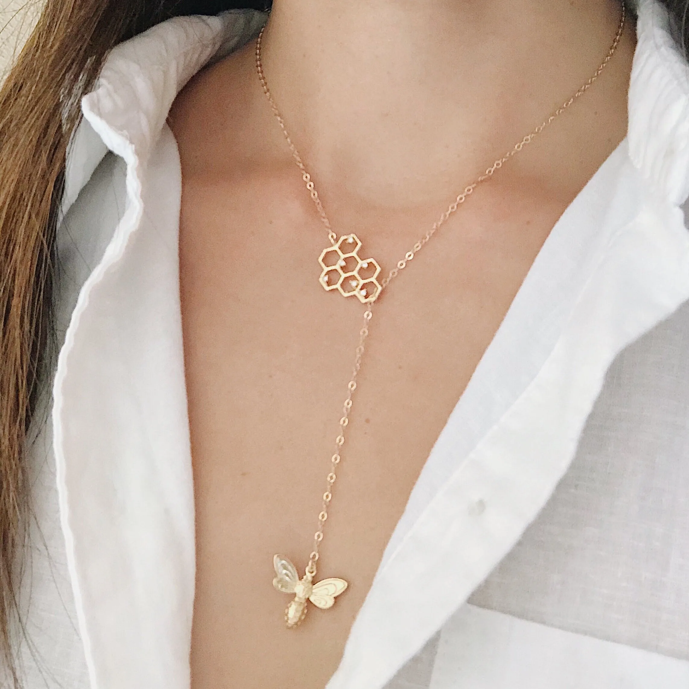 Honeycomb Bee Lariat Necklace