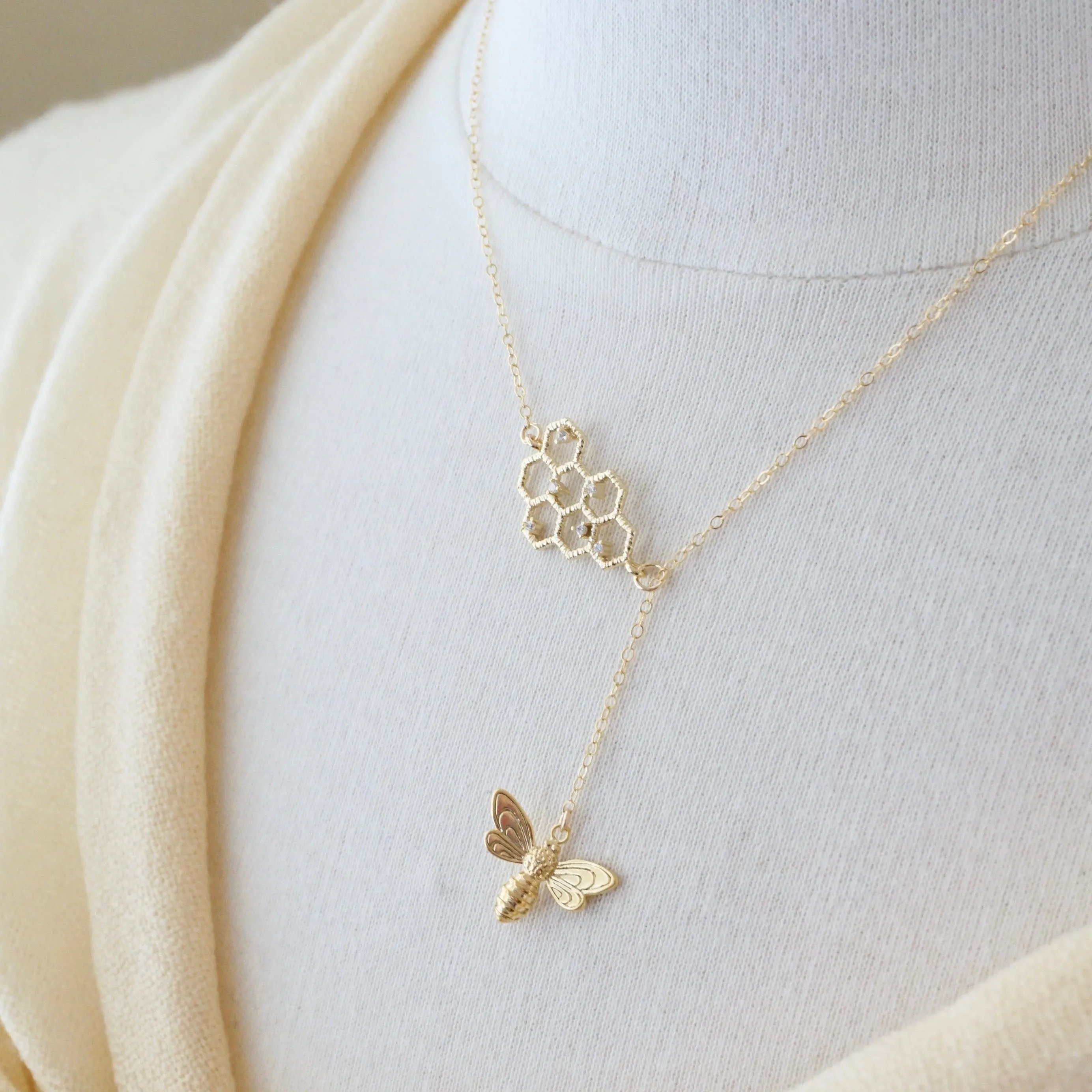 Honeycomb Bee Lariat Necklace