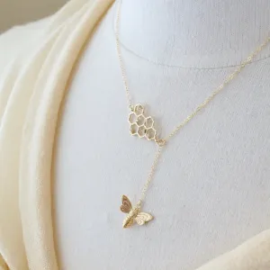 Honeycomb Bee Lariat Necklace
