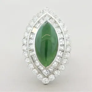 Jadeite Jade Diamond Platinum Navette-Style Cocktail Ring, GIA Certified
