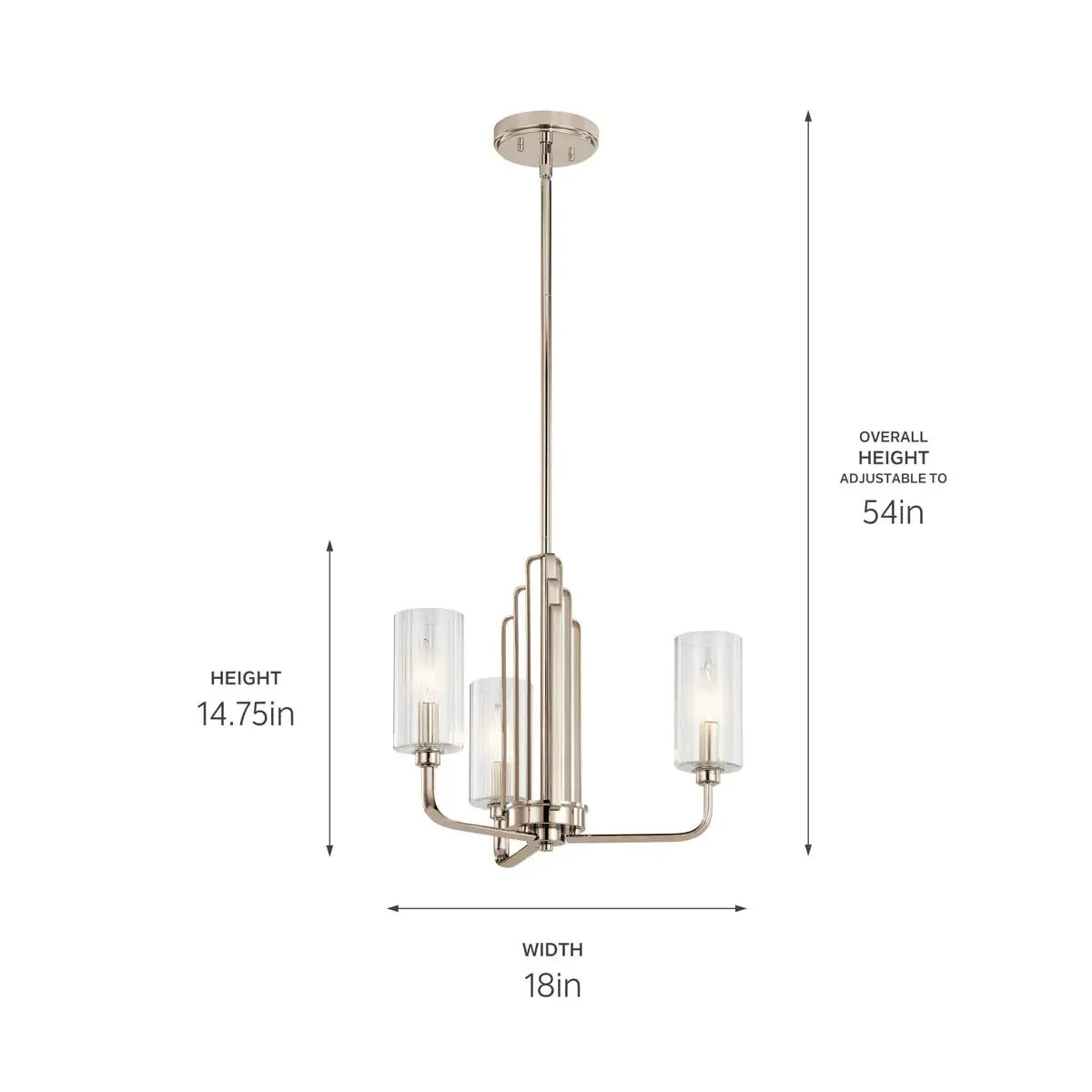 Kimrose 18" 3-Light Chandelier with Clear Fluted Glass, Polished Nickel Finish