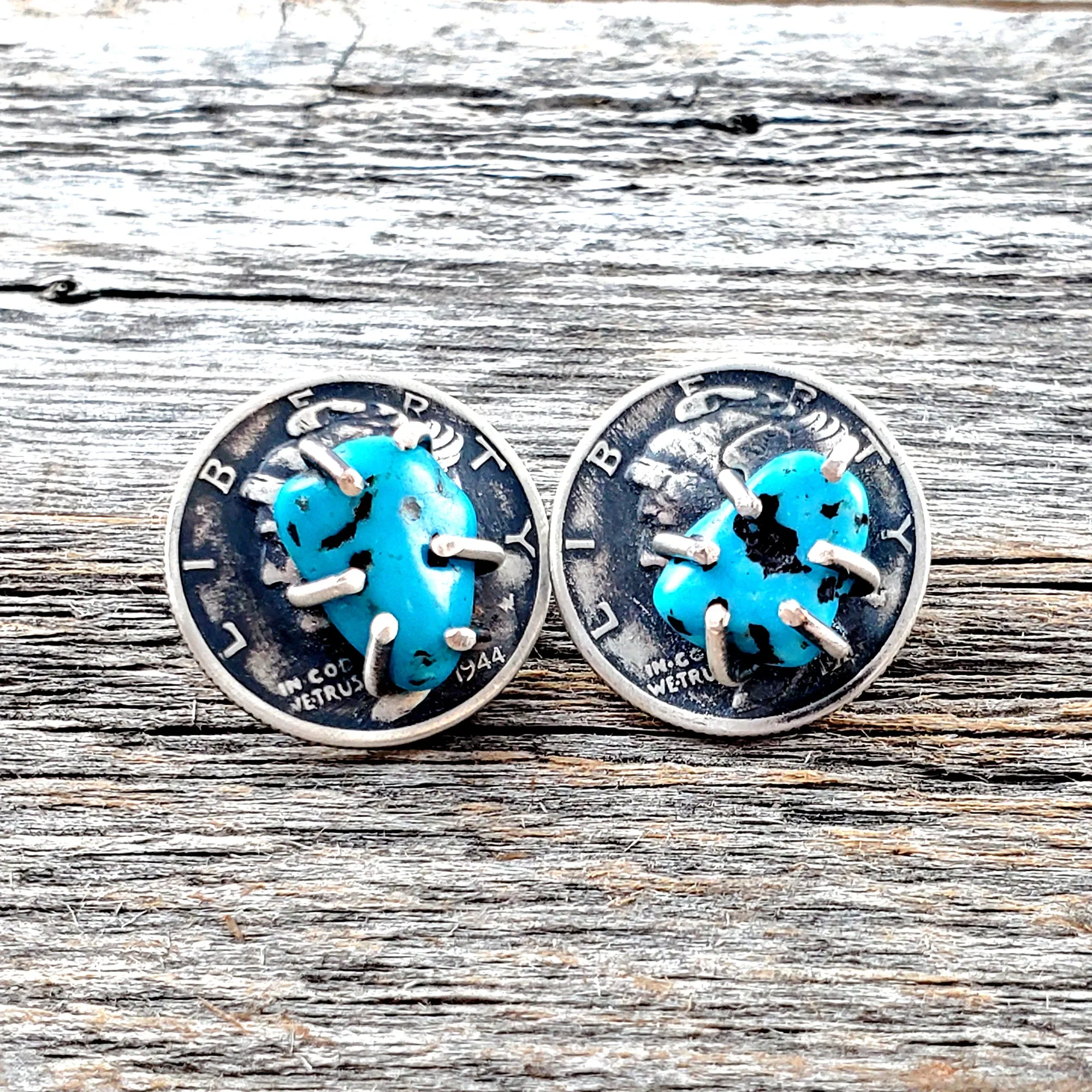 Kingman Turquoise Mercury Dime Stud Earrings