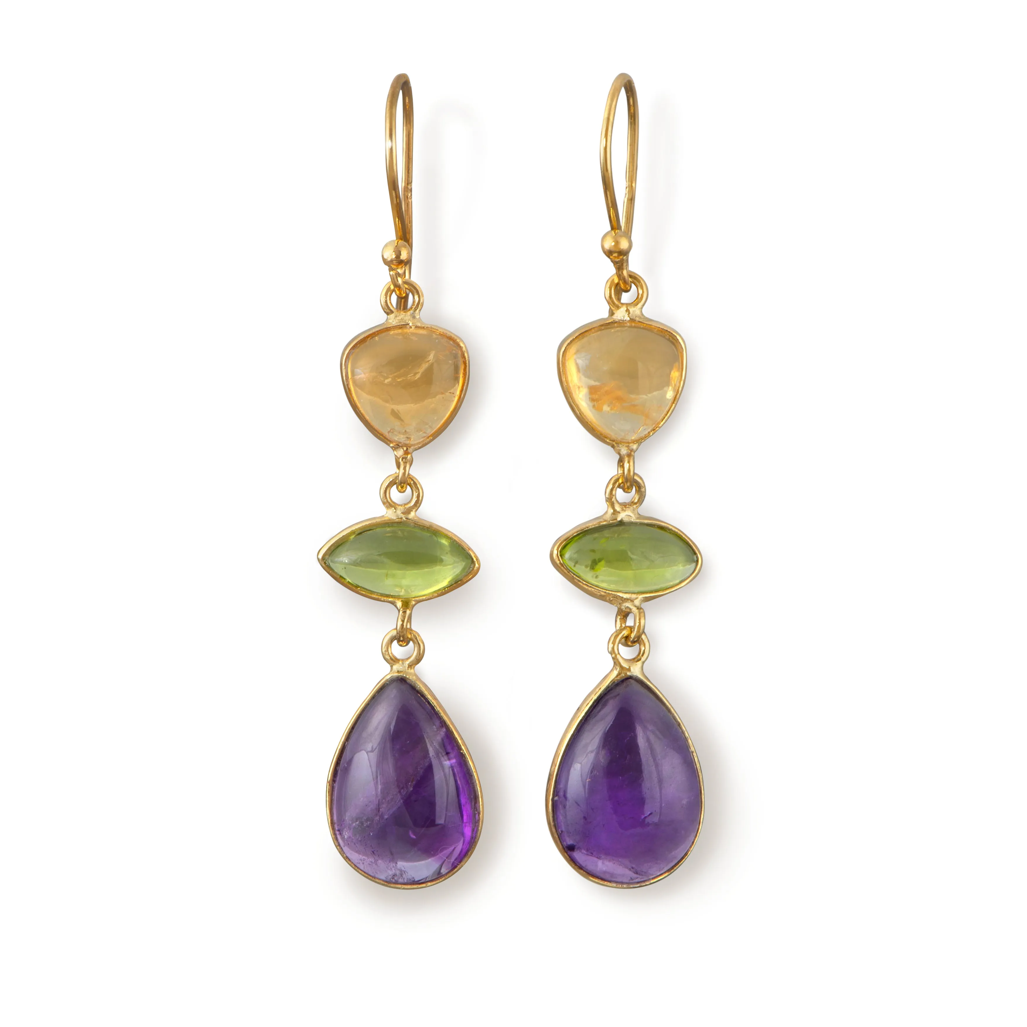 Long Hook Earrings with 3 Cabochon Cut Gemstones - Citrine, Peridot & Amethyst