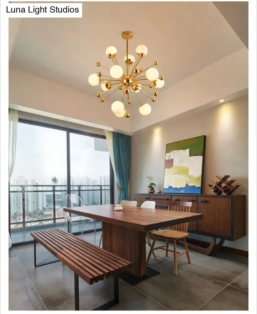Minimalist 12-Light Cream Glass Pendant Light for Living Room - Golden Dandelion Chandelier