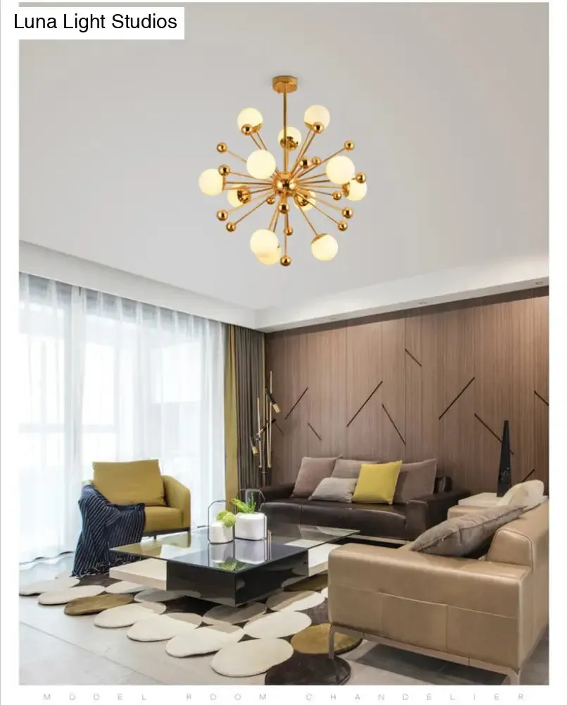 Minimalist 12-Light Cream Glass Pendant Light for Living Room - Golden Dandelion Chandelier