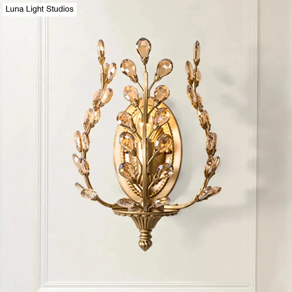 Modern Gold Vine Wall Lamp with Crystal Leaf Accent - 1 Light Metal Sconce for Living Room
