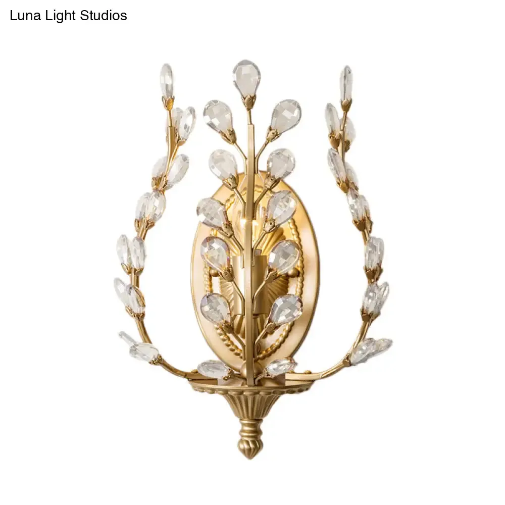 Modern Gold Vine Wall Lamp with Crystal Leaf Accent - 1 Light Metal Sconce for Living Room
