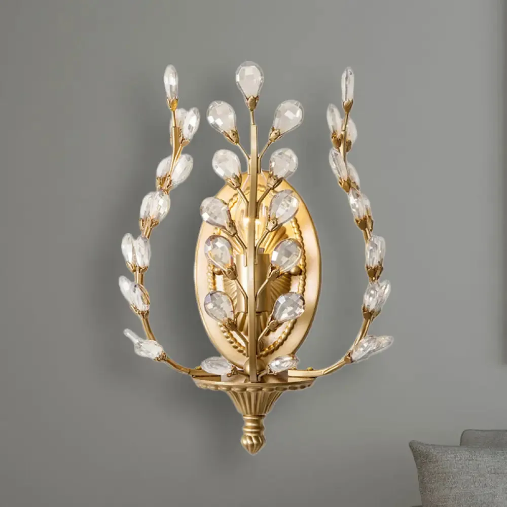 Modern Gold Vine Wall Lamp with Crystal Leaf Accent - 1 Light Metal Sconce for Living Room