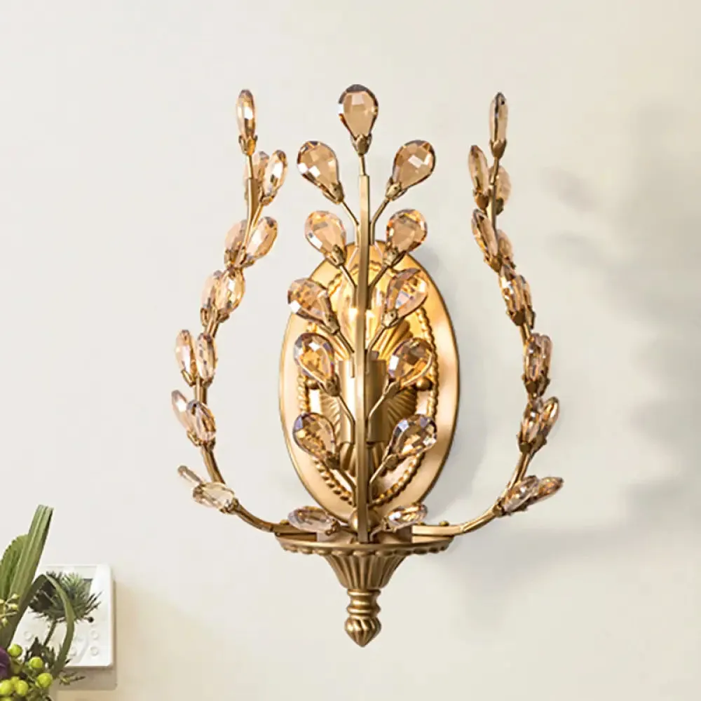 Modern Gold Vine Wall Lamp with Crystal Leaf Accent - 1 Light Metal Sconce for Living Room