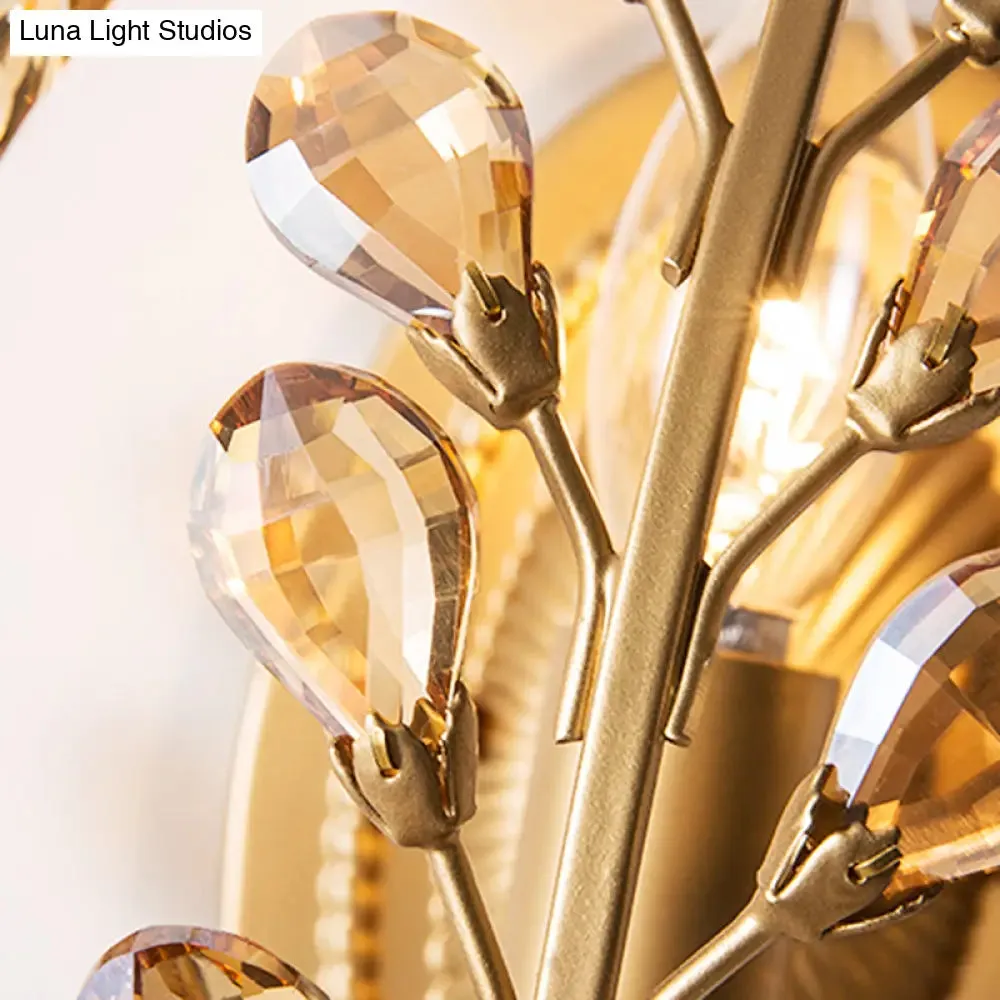 Modern Gold Vine Wall Lamp with Crystal Leaf Accent - 1 Light Metal Sconce for Living Room