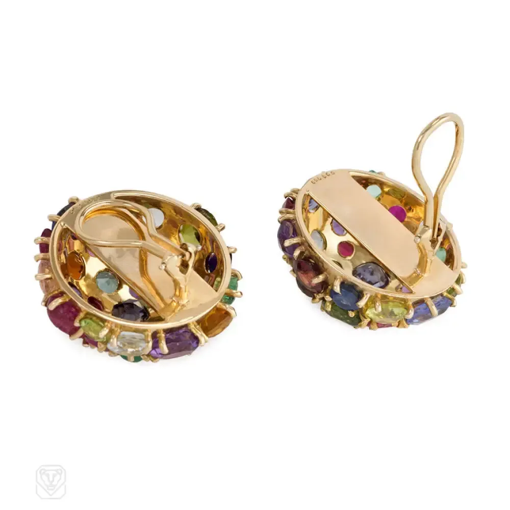 Multi-gemstone and gold bombé clip earrings