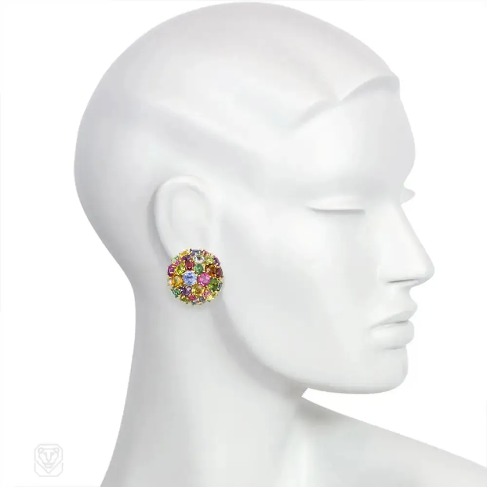Multi-gemstone and gold bombé clip earrings