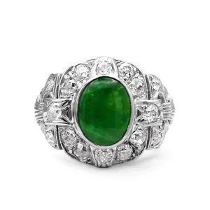 Natural Jade And Old Brilliant Cut Diamond Dress Cluster Ring