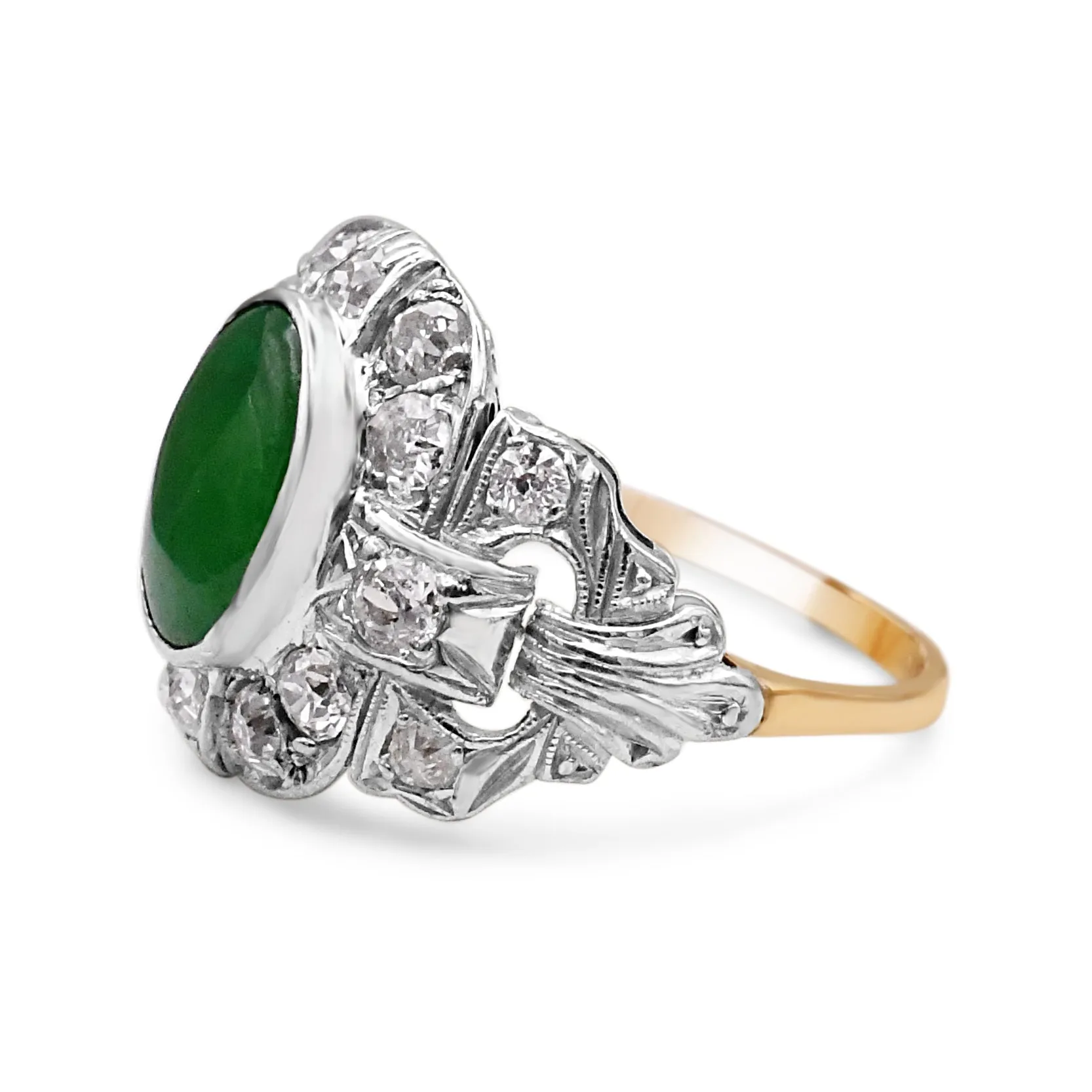 Natural Jade And Old Brilliant Cut Diamond Dress Cluster Ring
