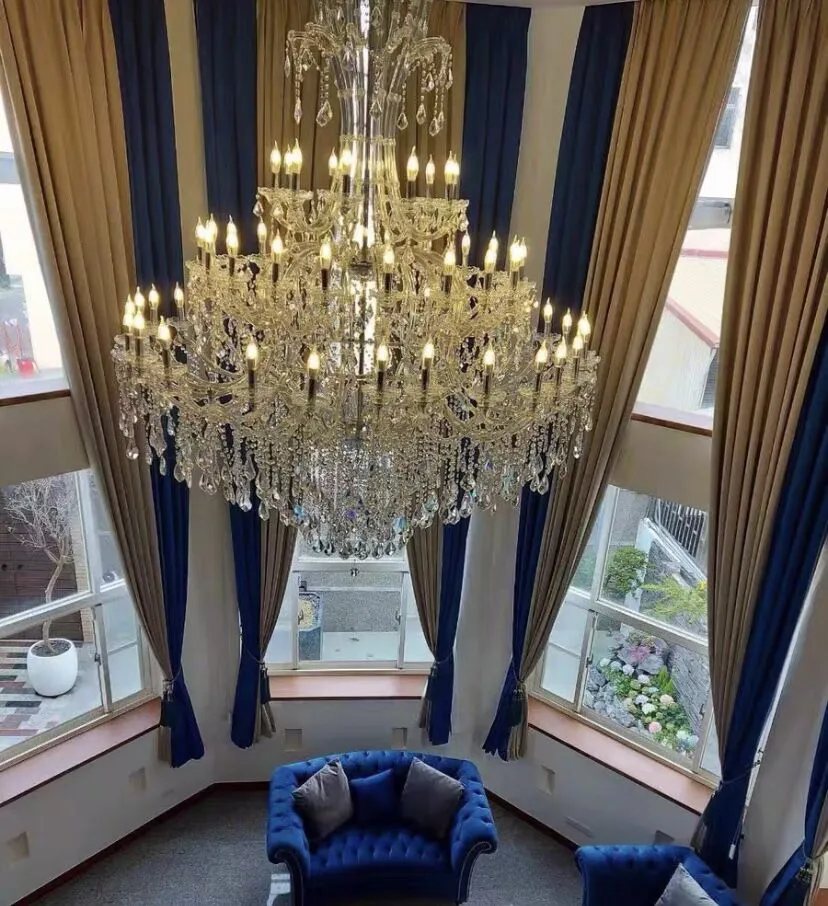 Oversized Luxury Traditional Gold/Chrome Candle Branch Crystal Chandelier for 2-story/Duplex Buildings