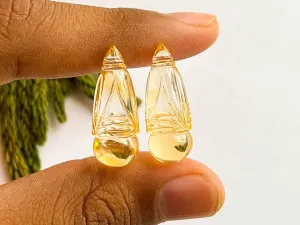 Pair of Citrine Gemstone Carving Drops, Natural Citrine, Citrine carved Drops, Citrine carving Pair, Citrine Drops for Earrings, 10x28mm