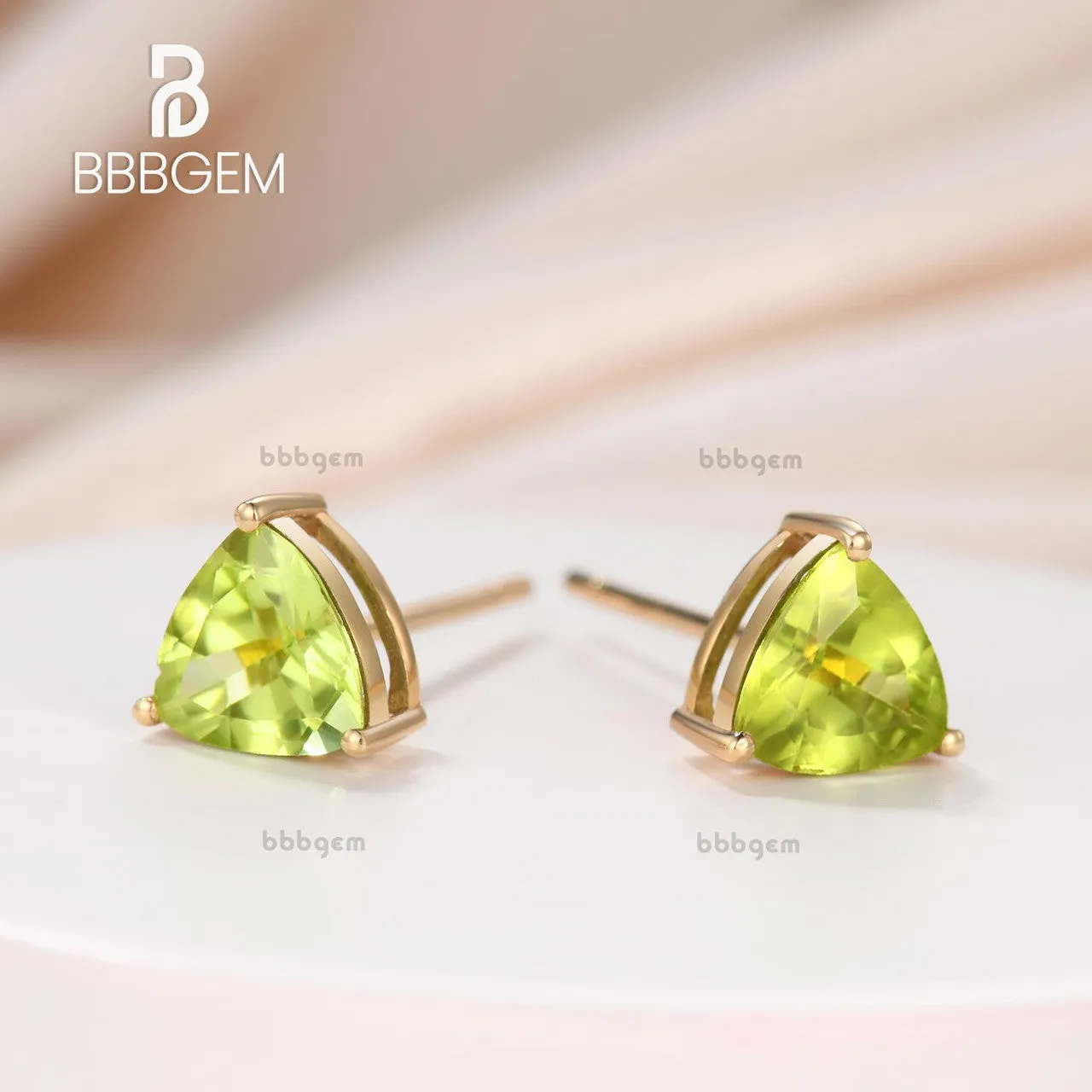 Playful Two 6MM Trillion Cut Peridot Solitaire Earrings Studs in Sterling Silver Yellow Gold Plated Basket Set Clear Rubber Backs