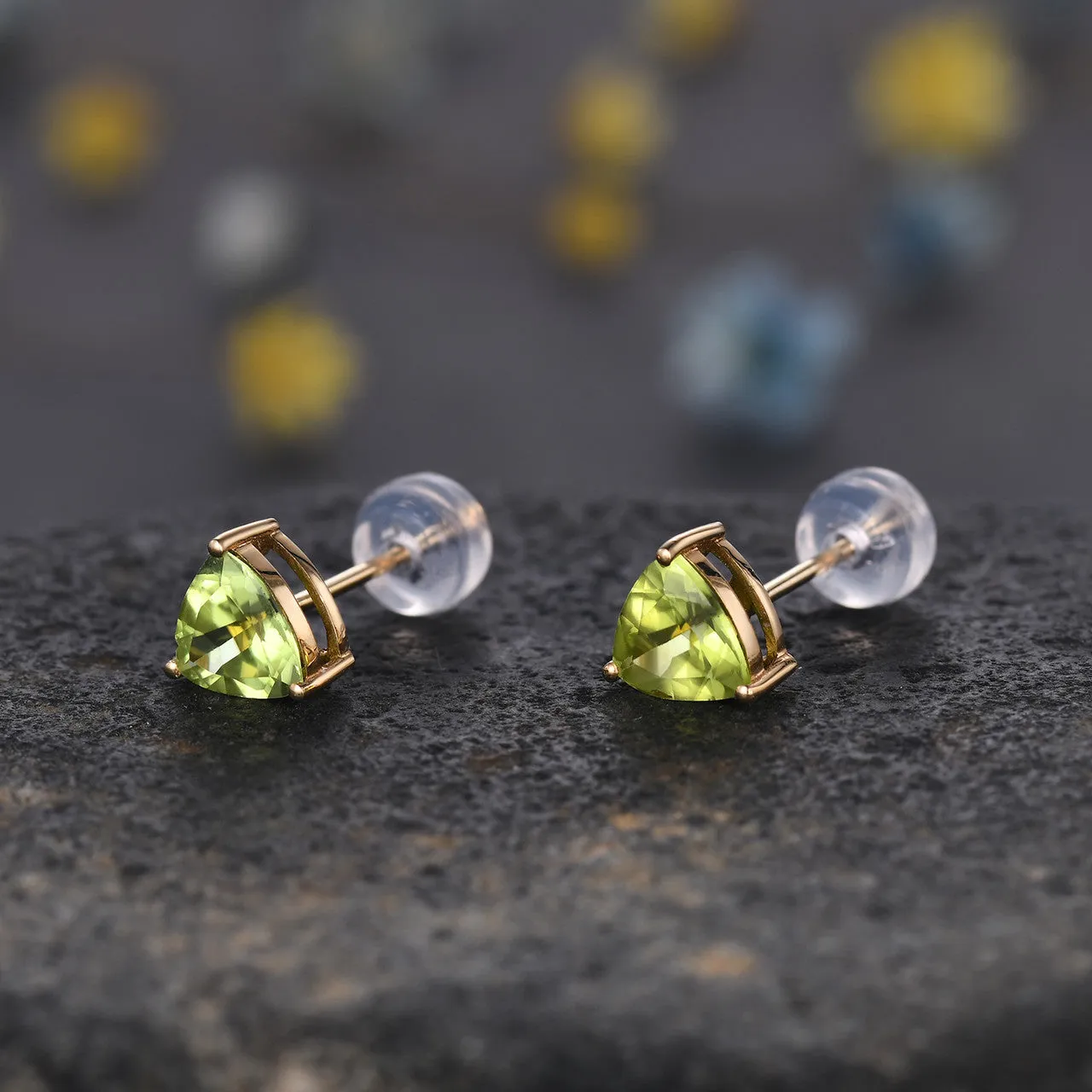 Playful Two 6MM Trillion Cut Peridot Solitaire Earrings Studs in Sterling Silver Yellow Gold Plated Basket Set Clear Rubber Backs
