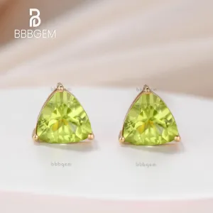 Playful Two 6MM Trillion Cut Peridot Solitaire Earrings Studs in Sterling Silver Yellow Gold Plated Basket Set Clear Rubber Backs