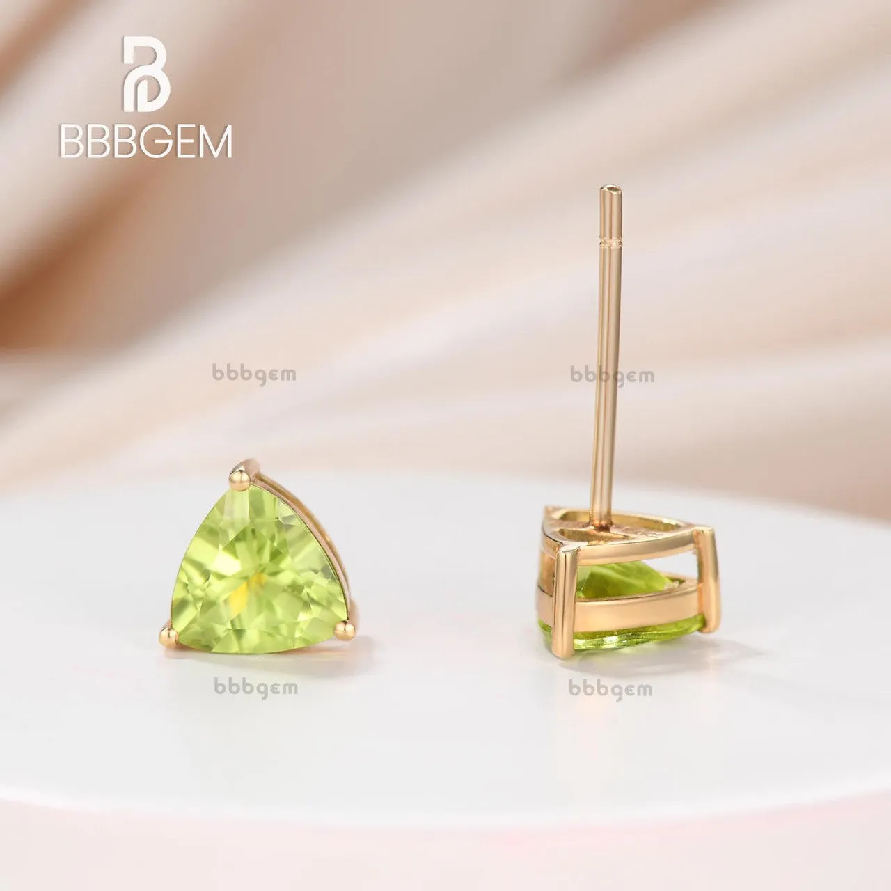 Playful Two 6MM Trillion Cut Peridot Solitaire Earrings Studs in Sterling Silver Yellow Gold Plated Basket Set Clear Rubber Backs