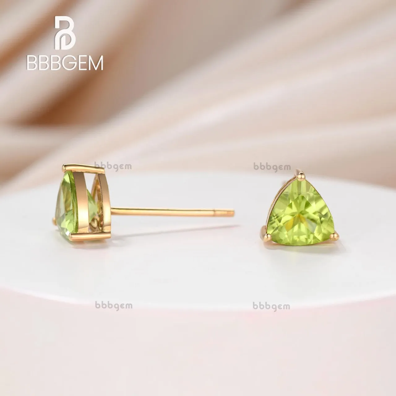 Playful Two 6MM Trillion Cut Peridot Solitaire Earrings Studs in Sterling Silver Yellow Gold Plated Basket Set Clear Rubber Backs