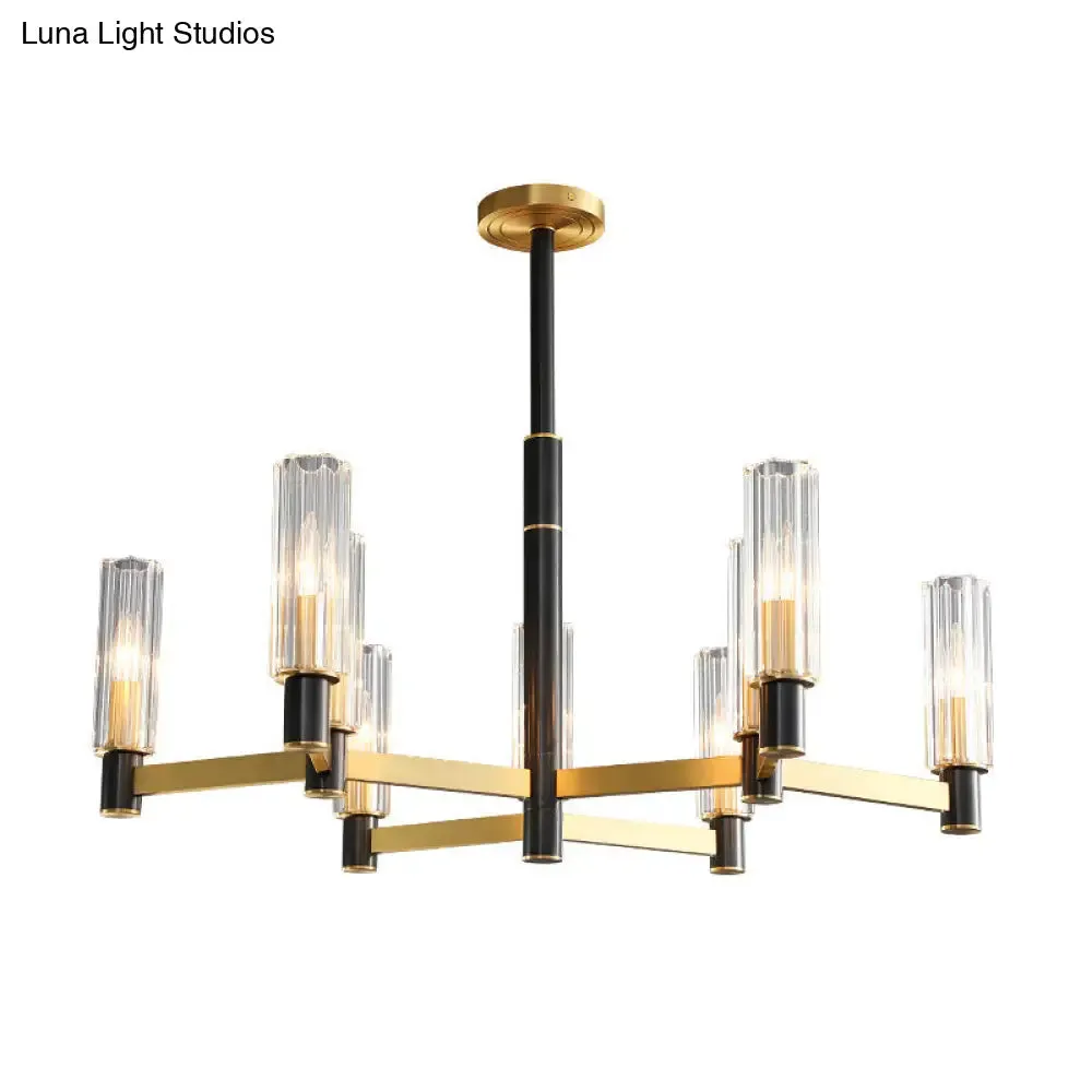 Postmodern Yellow-Black Chandelier Light with Prismatic Glass Tubular Design - 6/8/9 Bulbs - Hanging Ceiling Décor