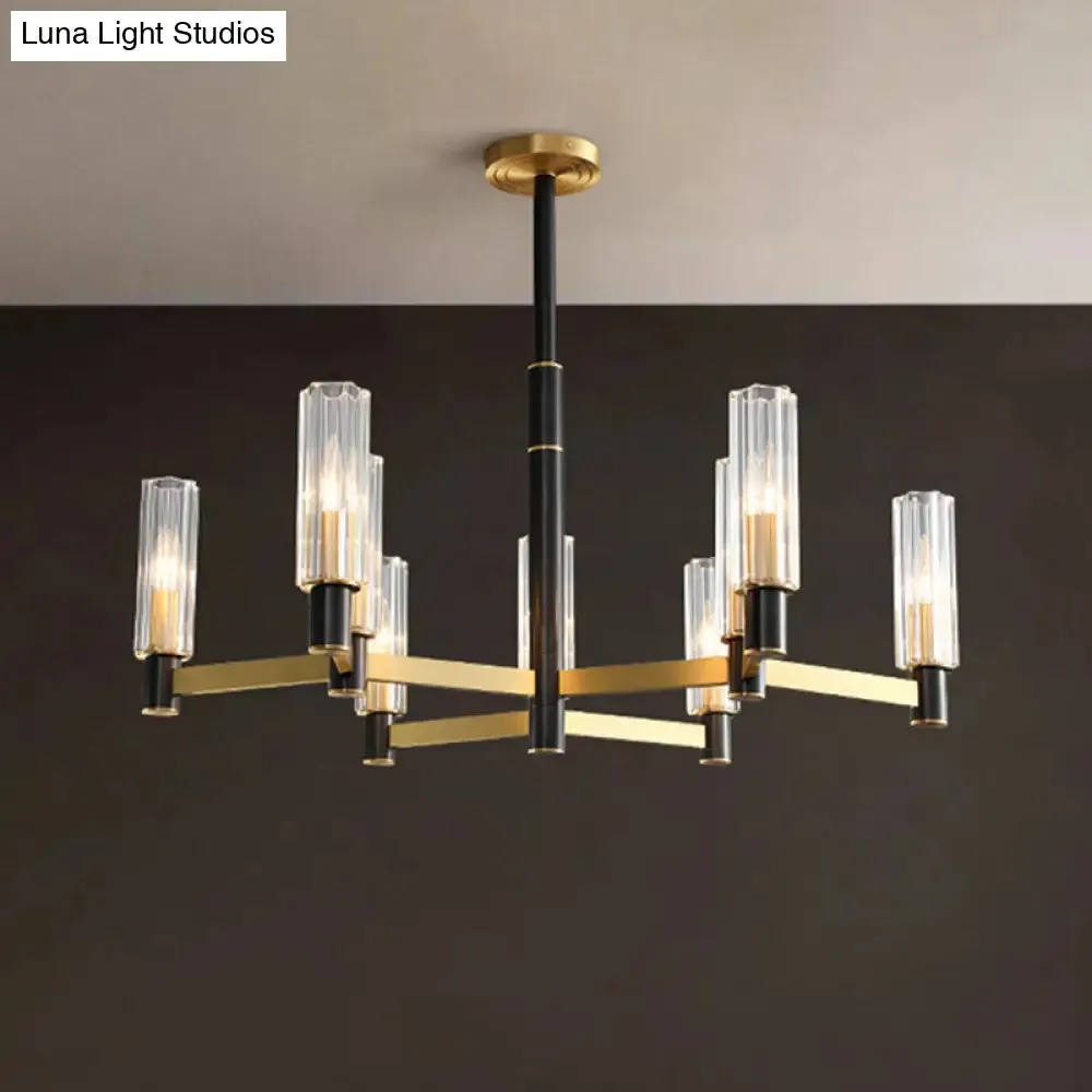 Postmodern Yellow-Black Chandelier Light with Prismatic Glass Tubular Design - 6/8/9 Bulbs - Hanging Ceiling Décor