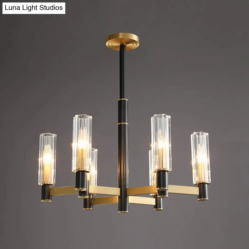 Postmodern Yellow-Black Chandelier Light with Prismatic Glass Tubular Design - 6/8/9 Bulbs - Hanging Ceiling Décor