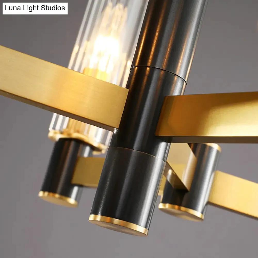 Postmodern Yellow-Black Chandelier Light with Prismatic Glass Tubular Design - 6/8/9 Bulbs - Hanging Ceiling Décor