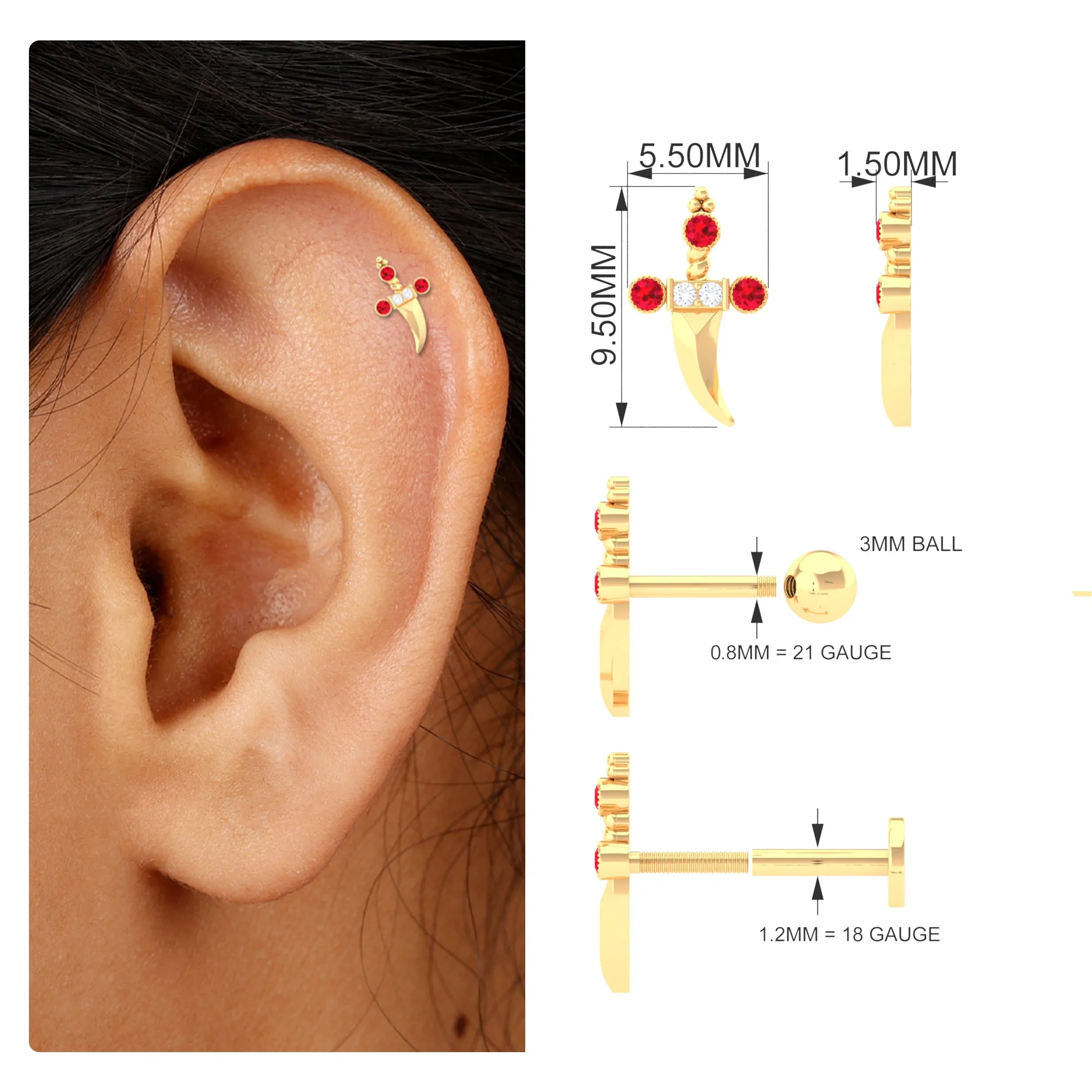 Real Ruby and Diamond Dagger Helix Earring in Gold