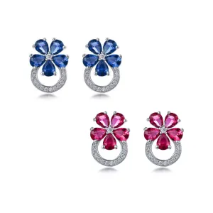 Rhodium Plated Sterling Silver Colorful Flower and Micropave Loop Stud Earrings
