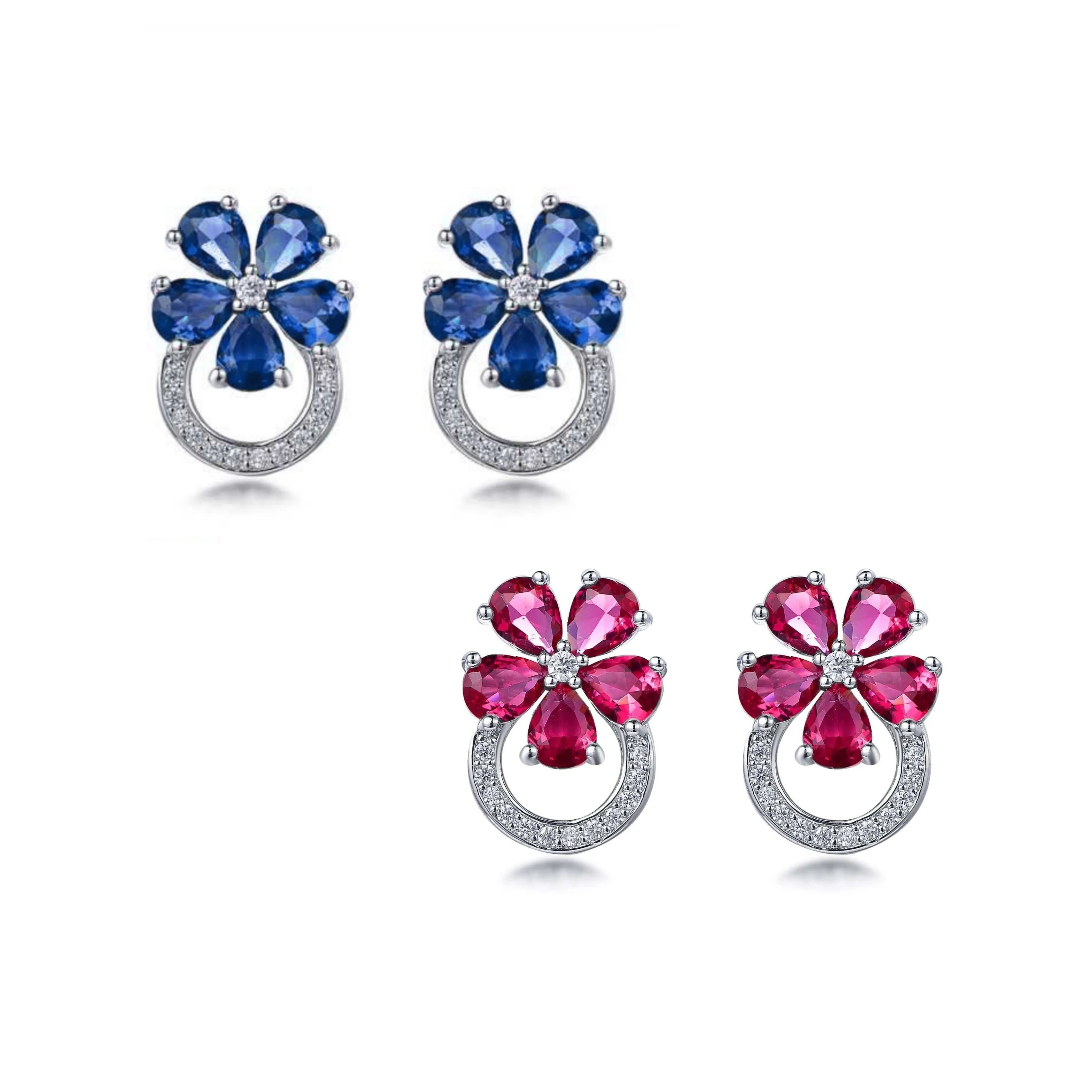 Rhodium Plated Sterling Silver Colorful Flower and Micropave Loop Stud Earrings