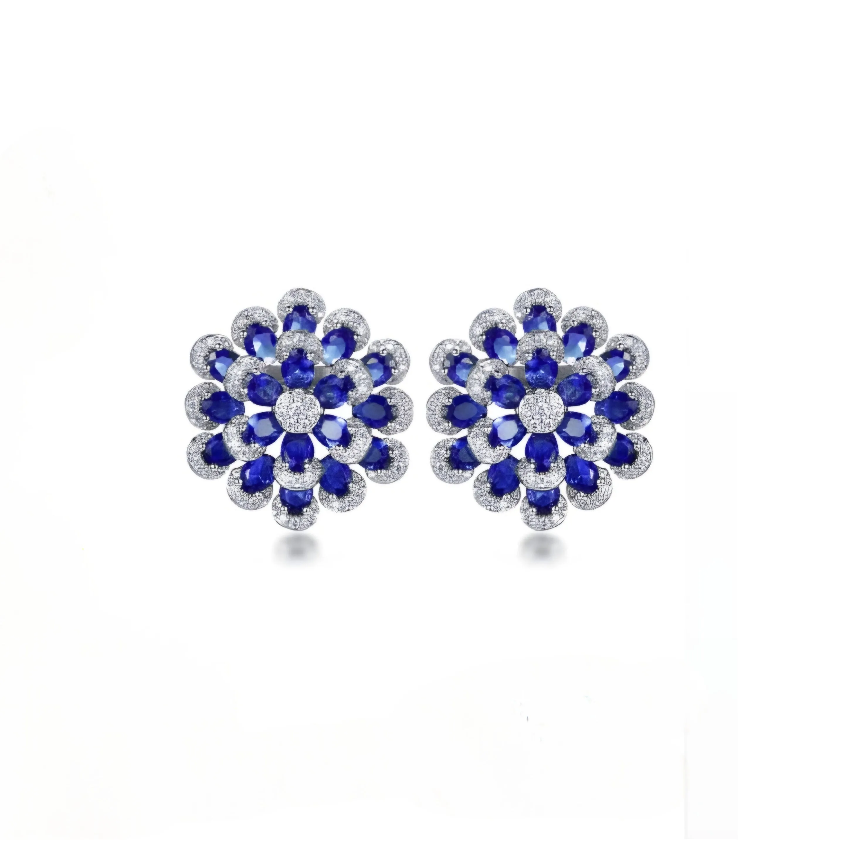 Rhodium Plated Sterling Silver Colorful Multi-Petal Flower and Micropave Stud Earrings