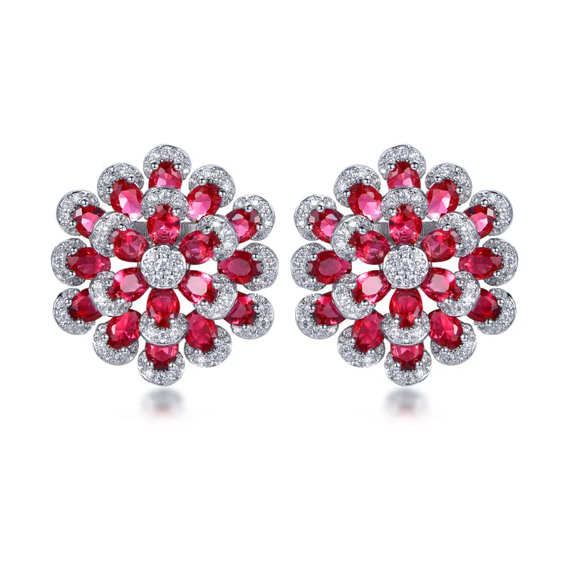 Rhodium Plated Sterling Silver Colorful Multi-Petal Flower and Micropave Stud Earrings